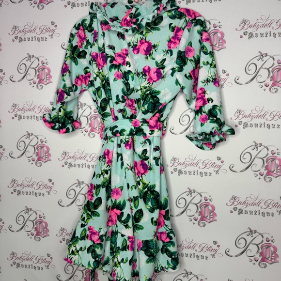 Betsy Johnson robe ruffle frilly trim floral neon blue green purple pink tie up - Picture 2 of 10